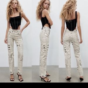 Zara Newspaper Print Jeans, Size 4
